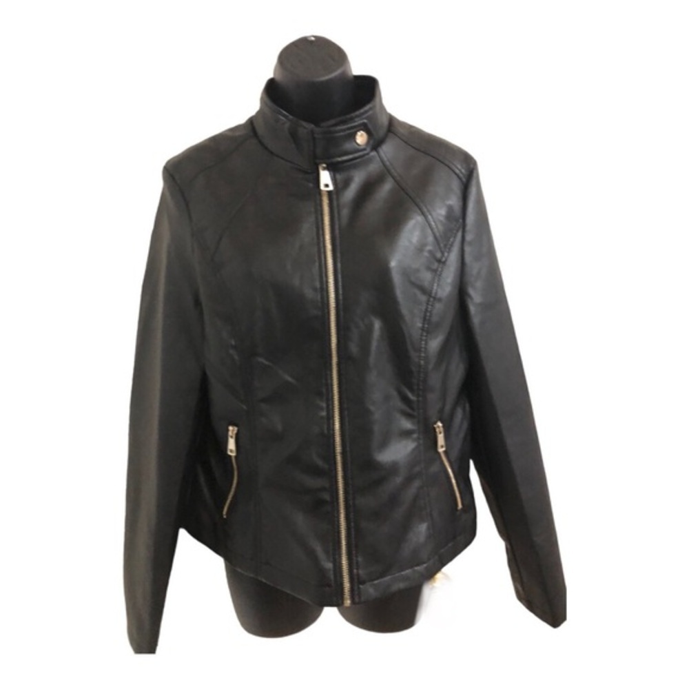 Ci Sono classic black biker moto zip up faux vegan leather jacket size large new